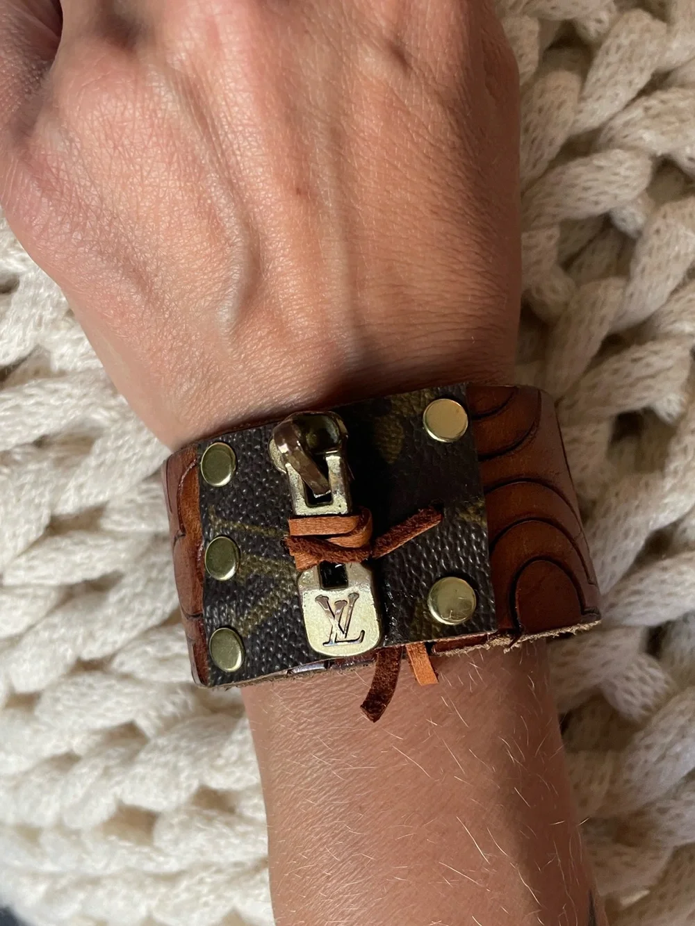 Louis Vuitton Brown and Gold Leather Cuff Bracelet with Signature Zipper Pull
